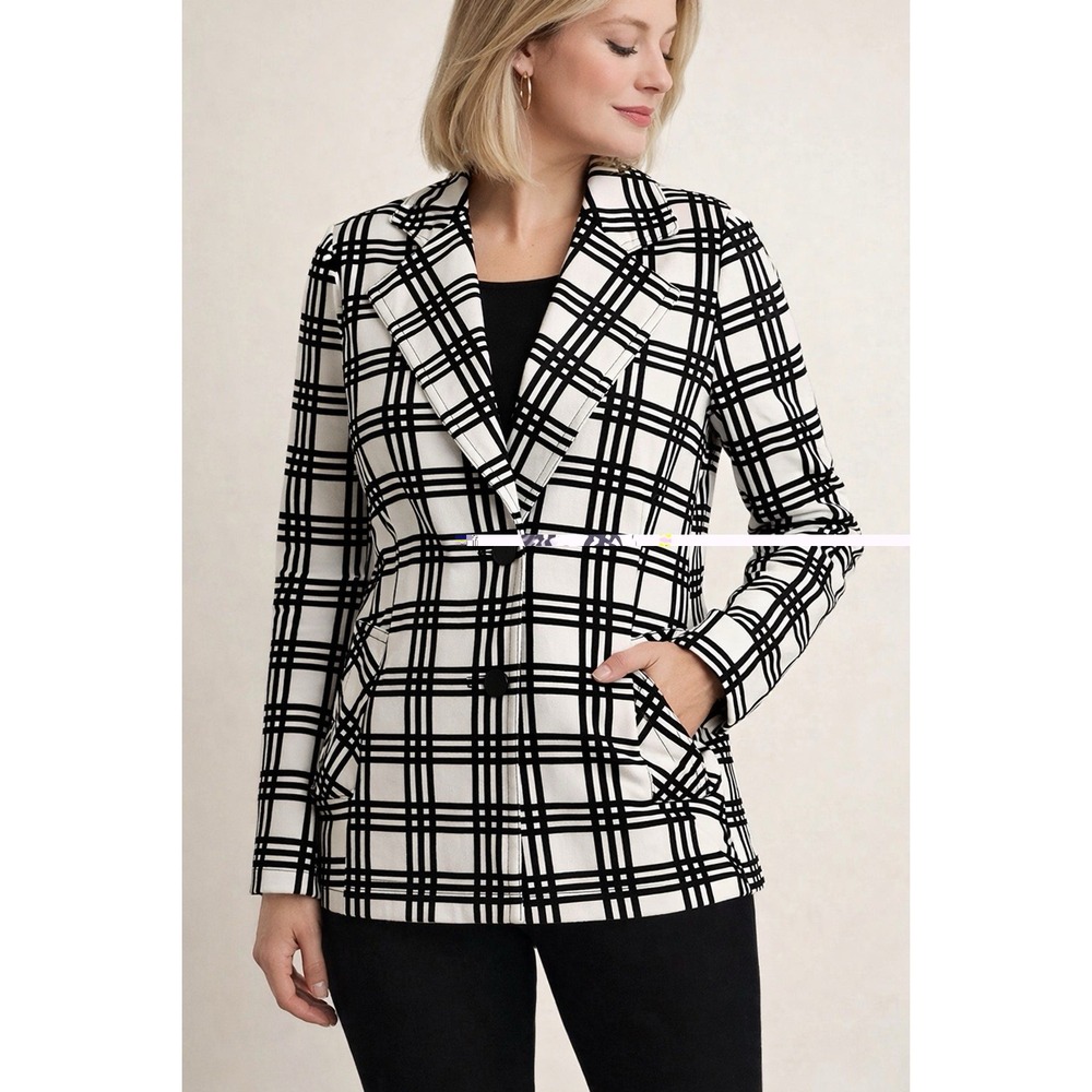 Jones New York Blazer Womens 6 Black White Plaid Check Career Jacket Stretch